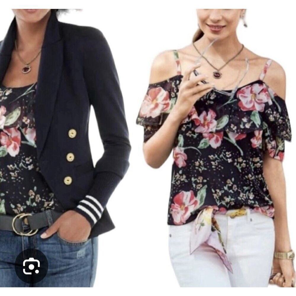 Cabi Blouse Size XS Black Fairy Tale Floral Cold Shoulder Ruffled 5220 Lined